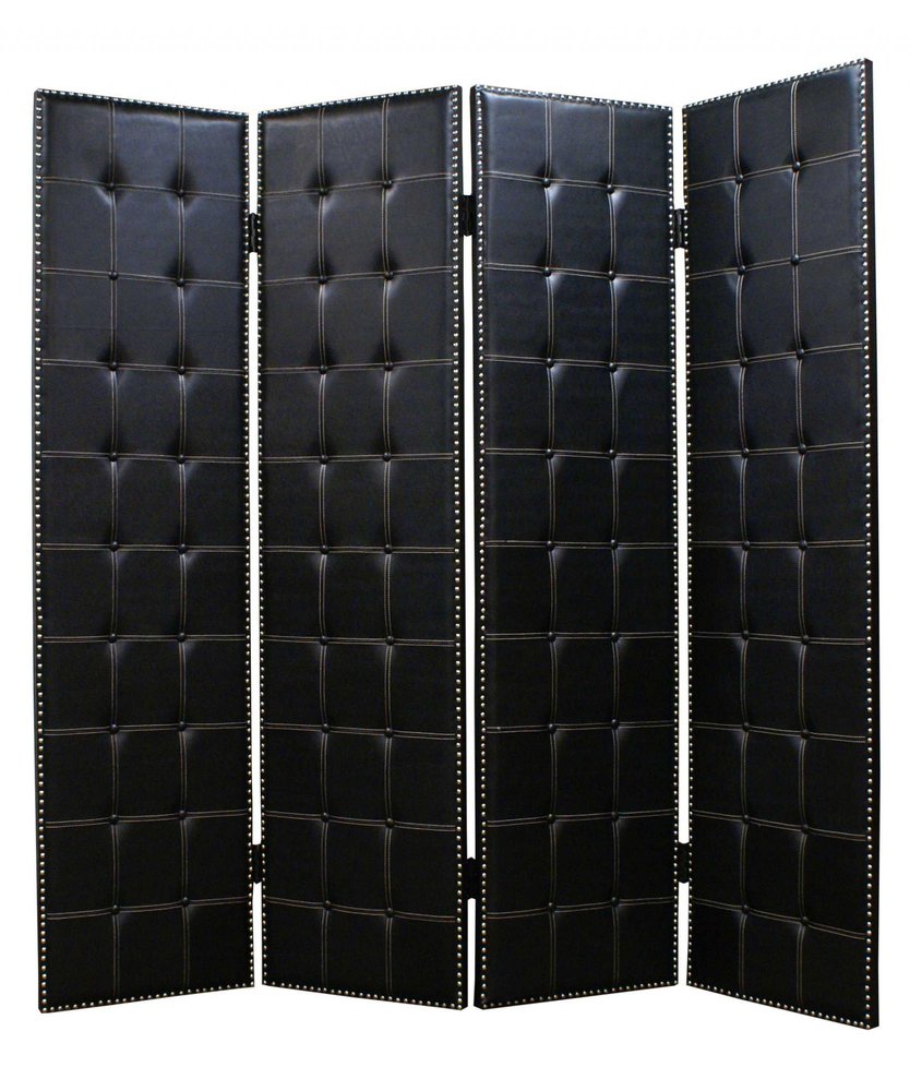 84" Black Faux Leather Folding Four Panel Screen Room Divider - SKU 274733 on a white background