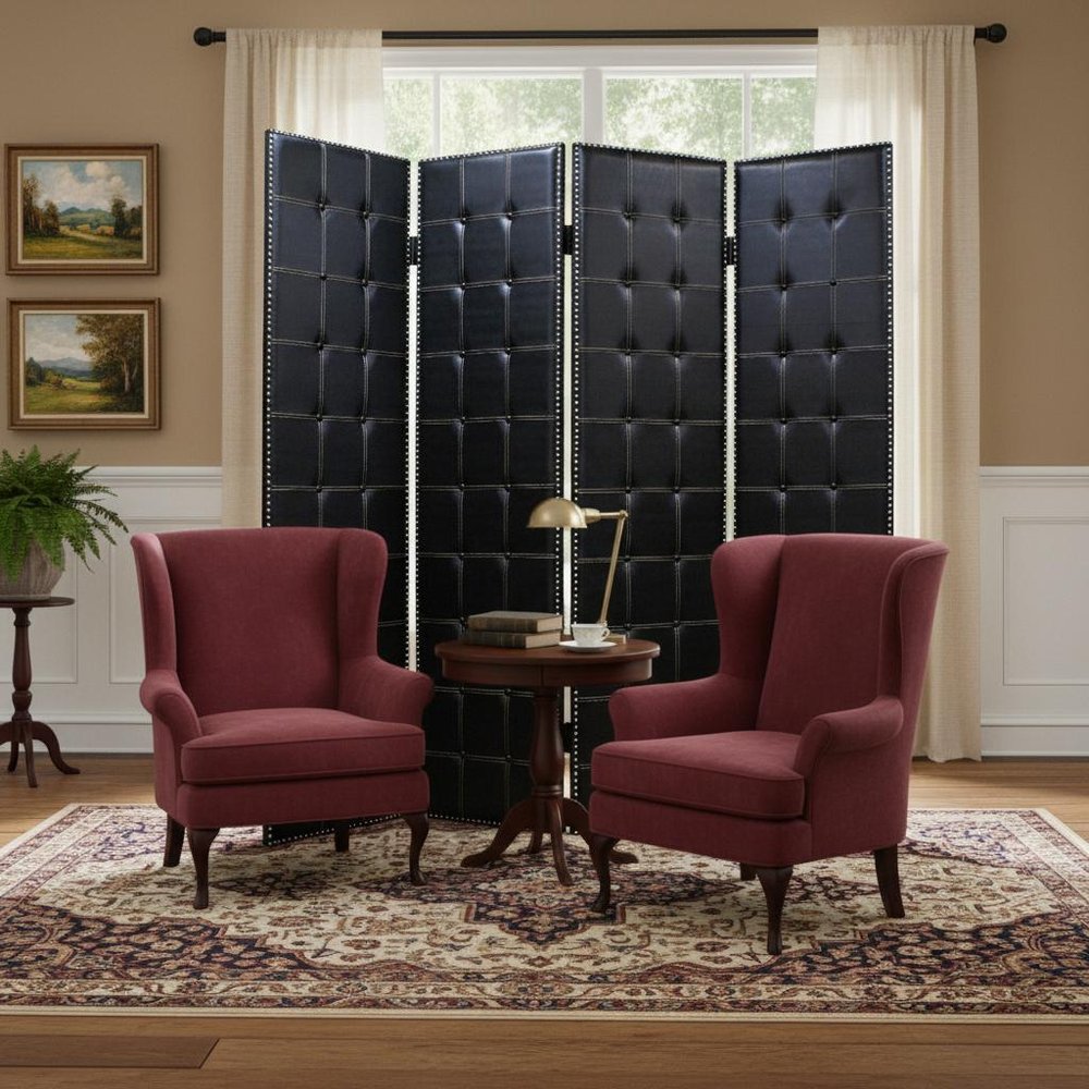 84" Black Faux Leather Folding Four Panel Screen Room Divider - SKU 274733