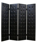 84" Black Faux Leather Folding Four Panel Screen Room Divider - SKU 274734 on a white background