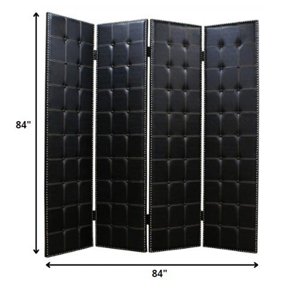 84" Black Faux Leather Folding Four Panel Screen Room Divider - SKU 274734 on a white background