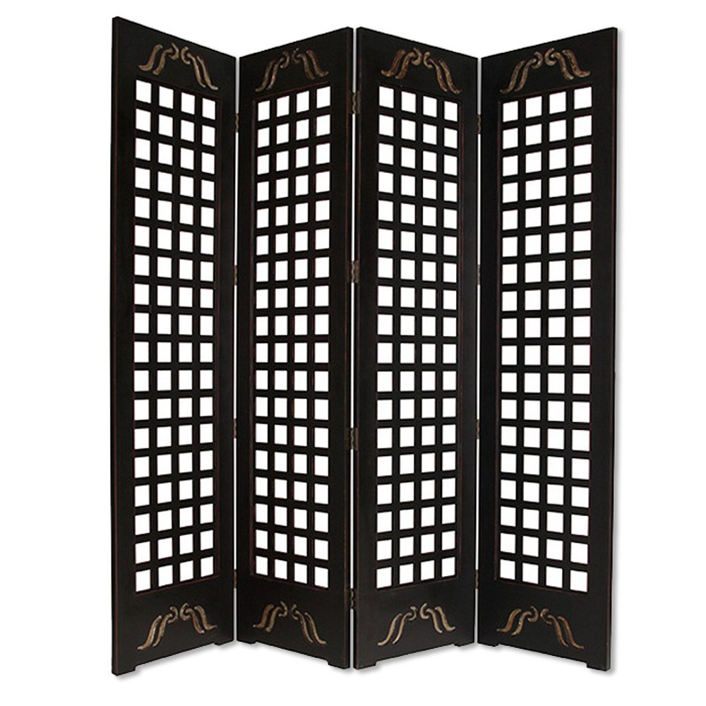 84" Brown Wood Folding Four Panel Screen Room Divider - SKU 274735 on a white background