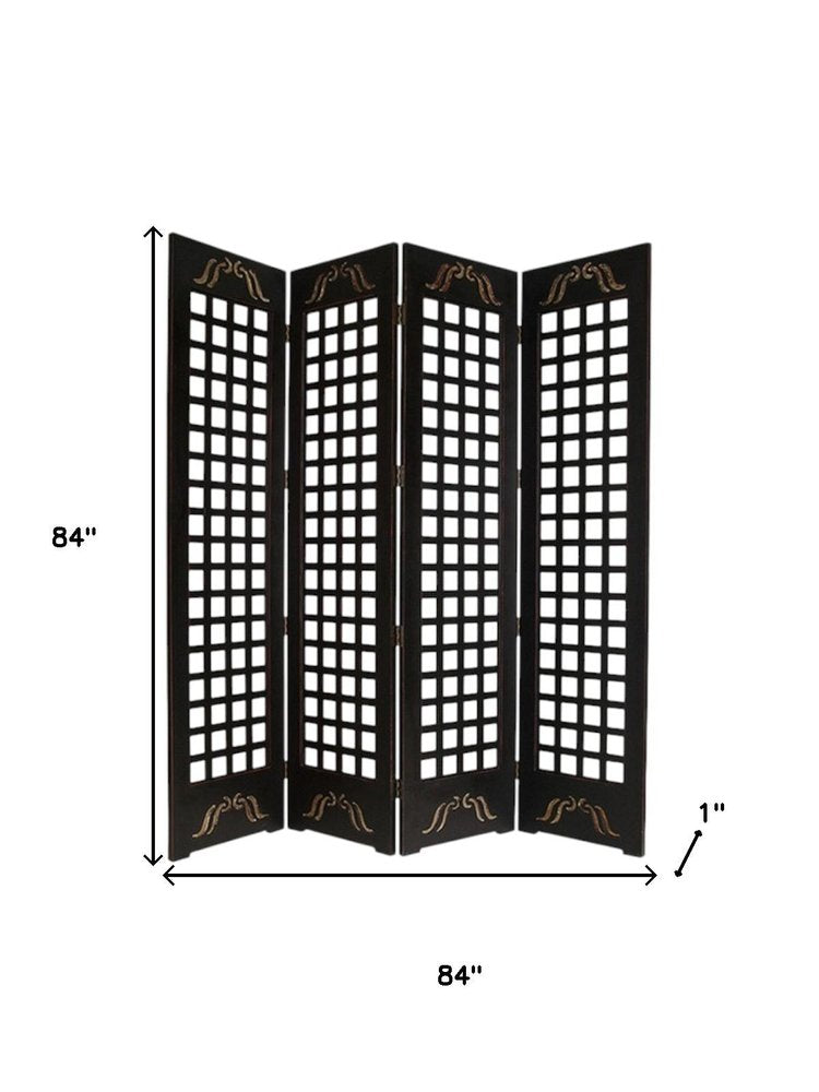 84" Brown Wood Folding Four Panel Screen Room Divider - SKU 274735 on a white background
