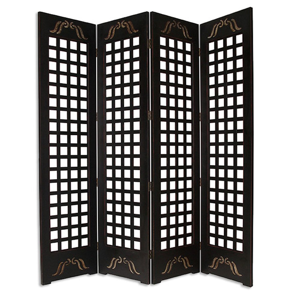 84" Brown Wood Folding Four Panel Screen Room Divider - SKU 274735 on a white background