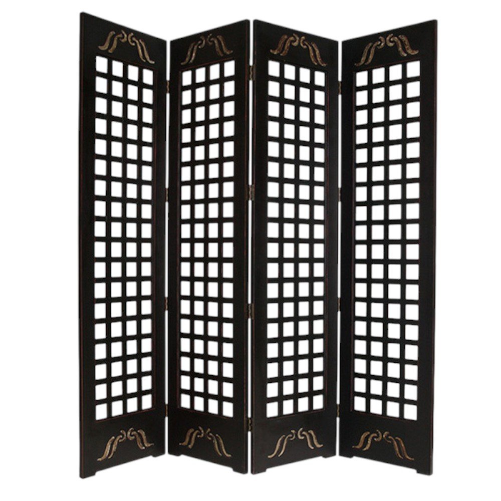 84" Brown Wood Folding Four Panel Screen Room Divider - SKU 274735 on a white background