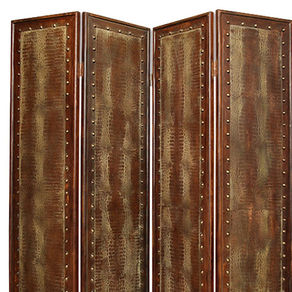 84" Brown Faux Leather Folding Four Panel Screen Room Divider - SKU 274739 close-up detail