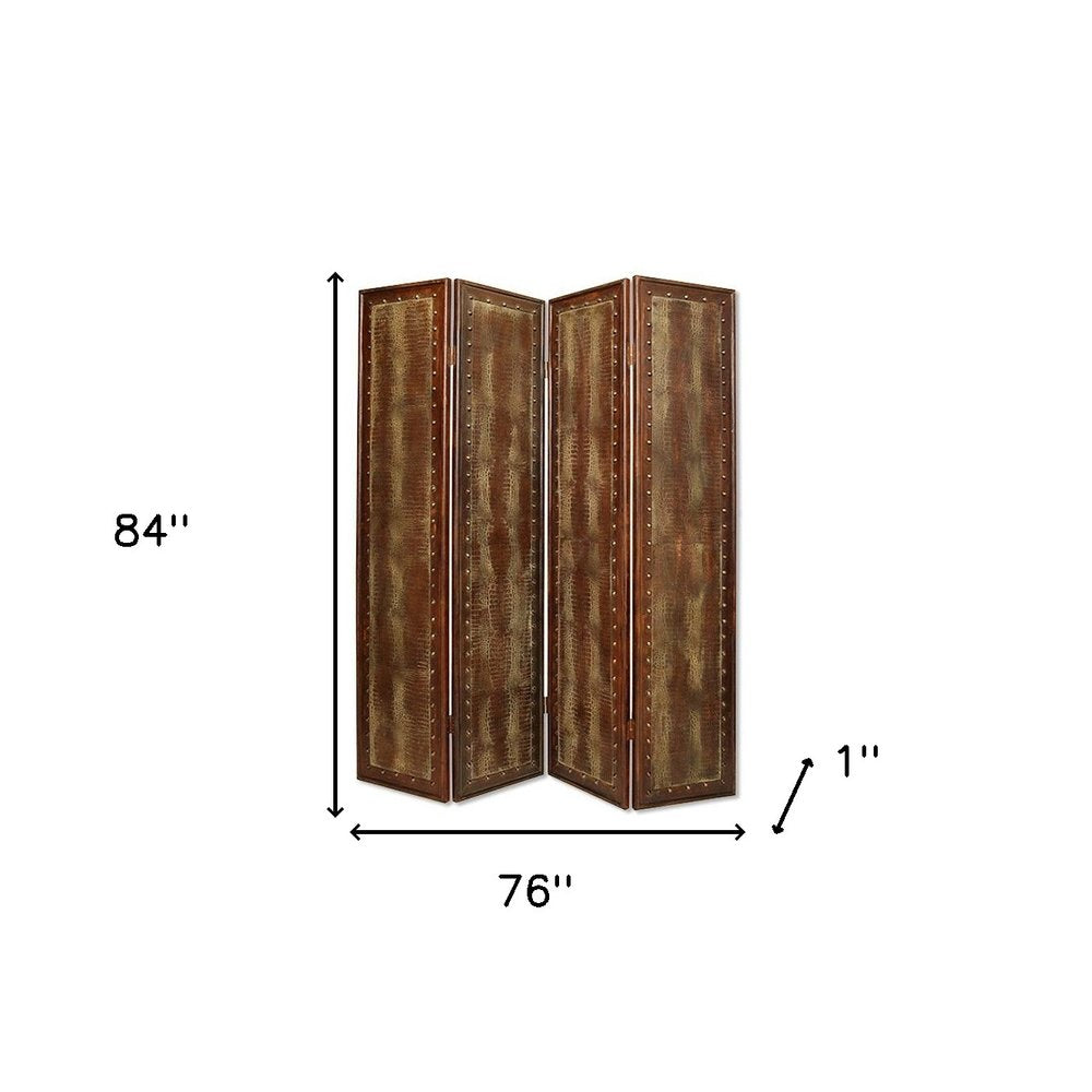 84" Brown Faux Leather Folding Four Panel Screen Room Divider - SKU 274739 on a white background