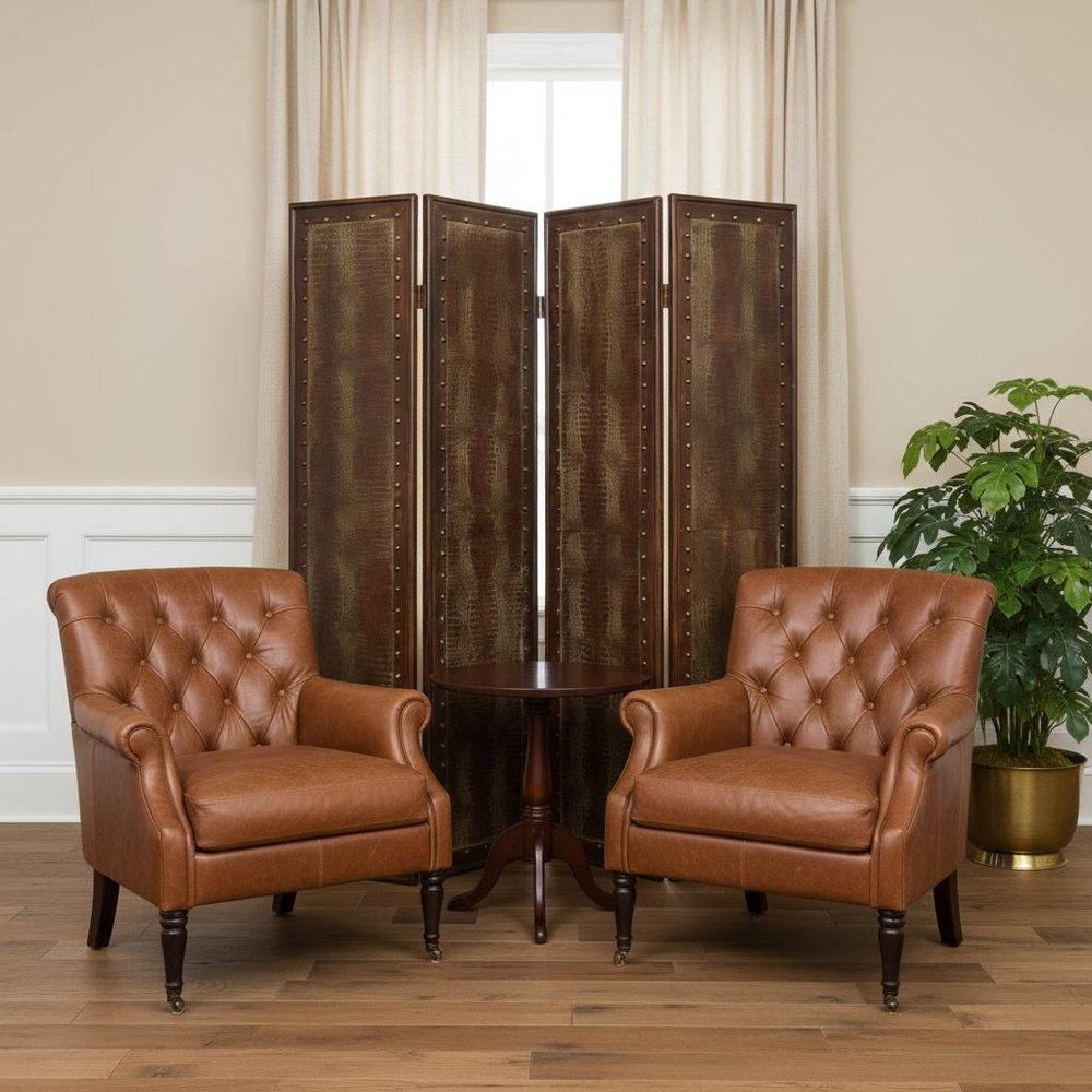 84" Brown Faux Leather Folding Four Panel Screen Room Divider - SKU 274739