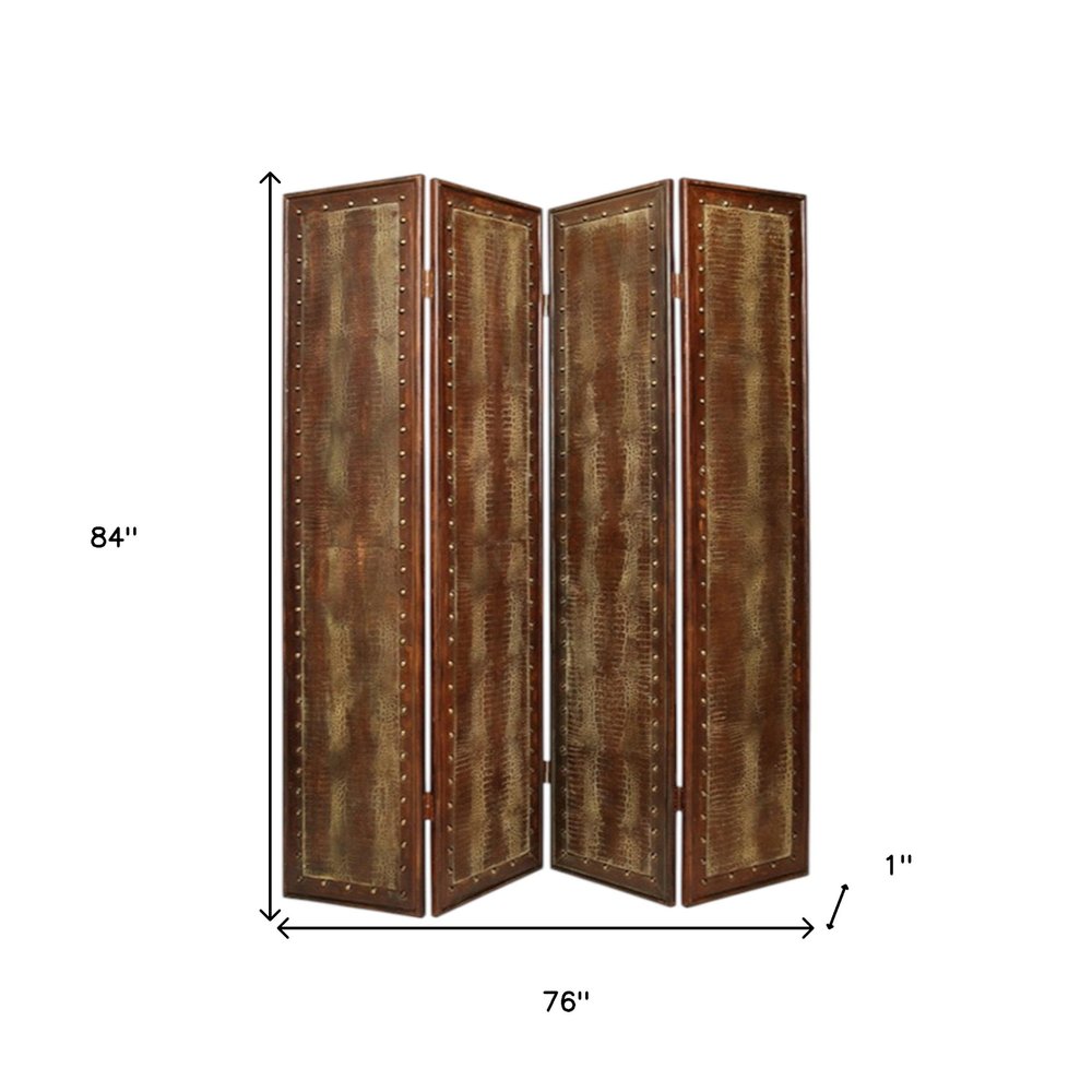 84" Brown Faux Leather Folding Four Panel Screen Room Divider - 84" H x 76" W x 1" D on a white background