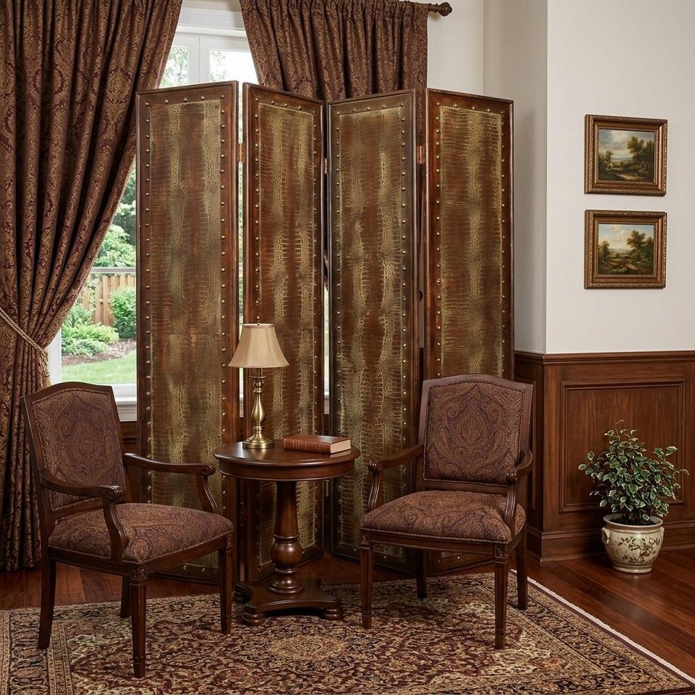 84" Brown Faux Leather Folding Four Panel Screen Room Divider - 84" H x 76" W x 1" D in a home interior