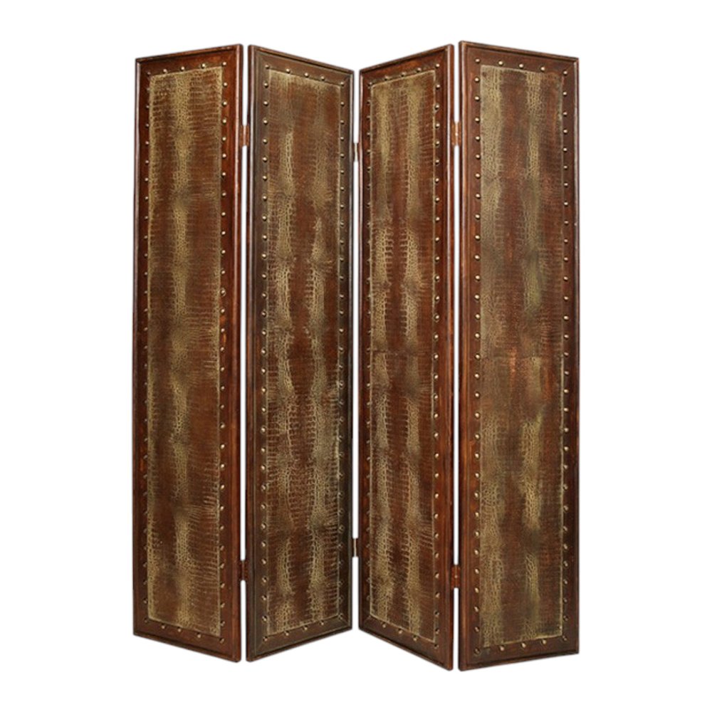 84" Brown Faux Leather Folding Four Panel Screen Room Divider - 84" H x 76" W x 1" D on a white background
