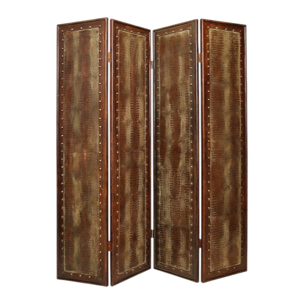 84" Brown Faux Leather Folding Four Panel Screen Room Divider - 84" H x 76" W x 1" D on a white background