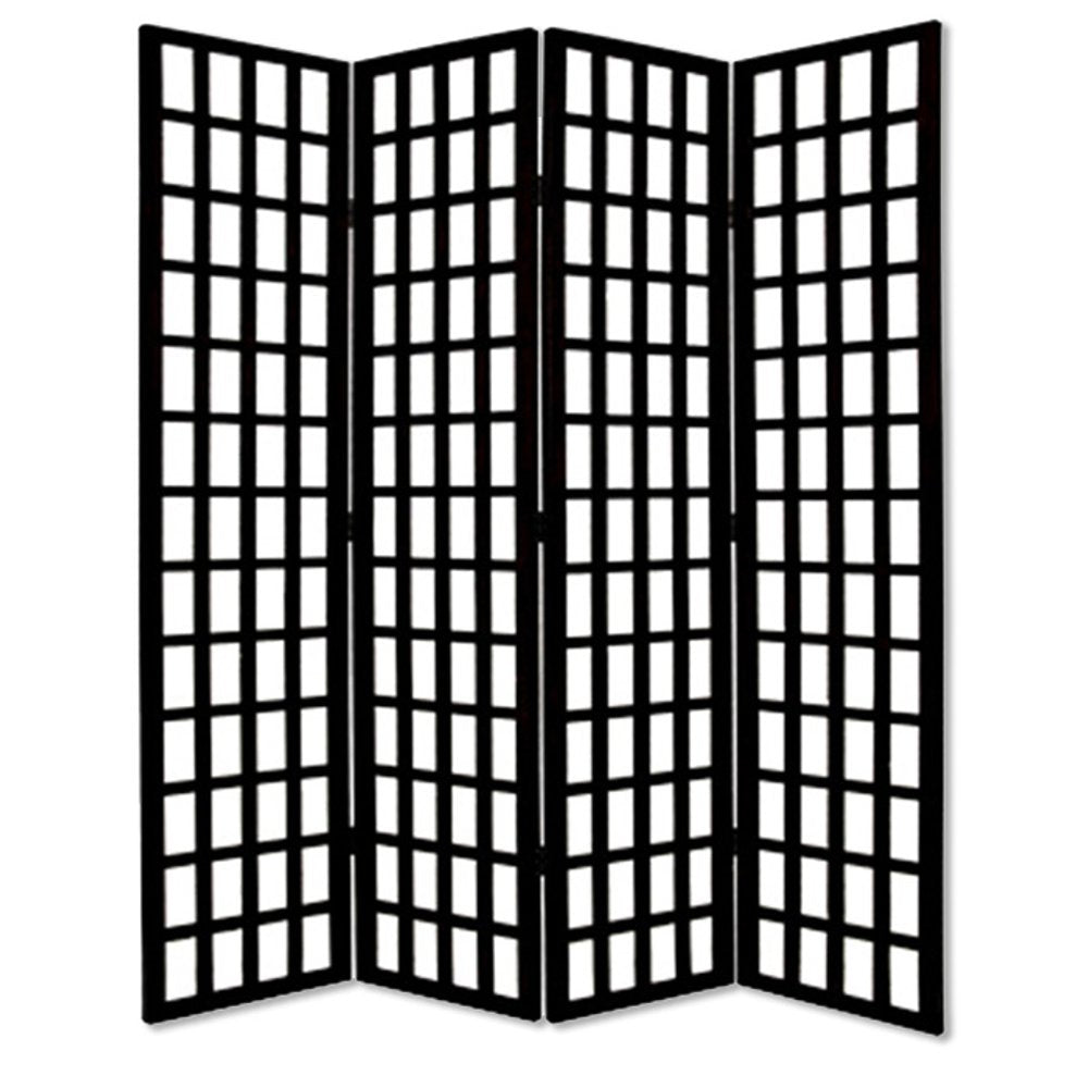 96" Black And White Folding Four Panel Screen Room Divider on a white background