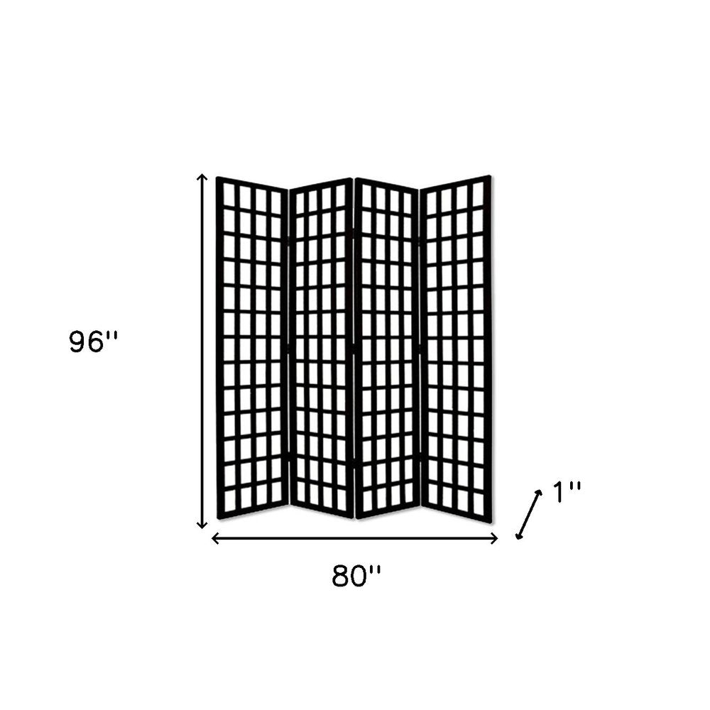 96" Black And White Folding Four Panel Screen Room Divider on a white background