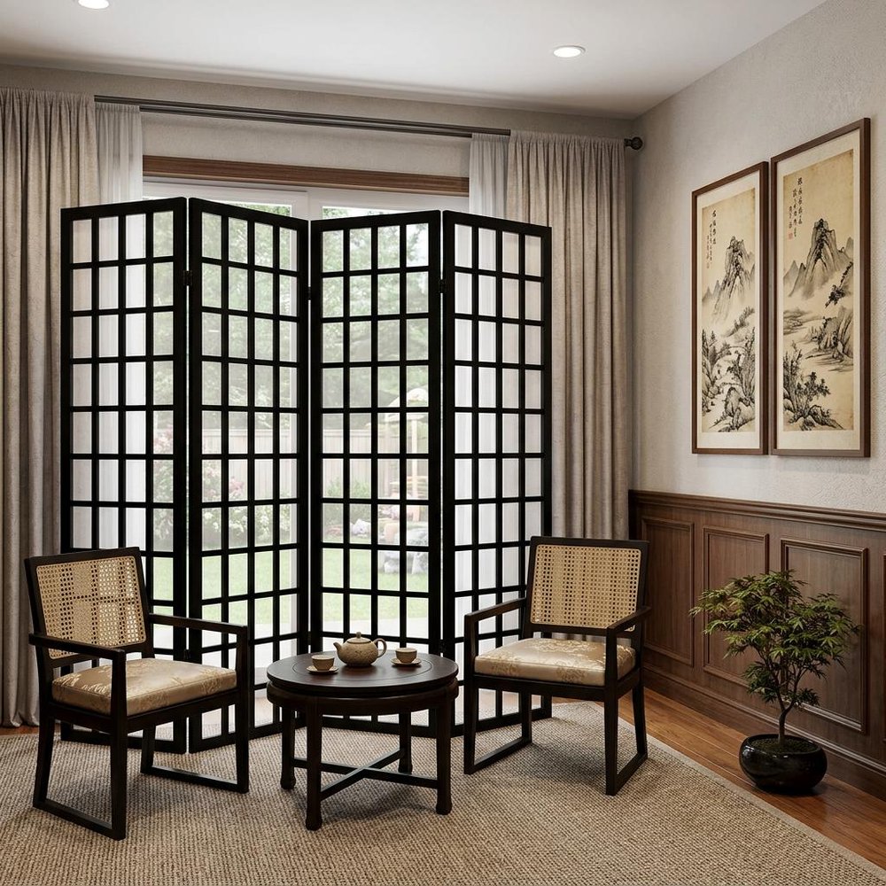 96" Black And White Folding Four Panel Screen Room Divider in a home interior