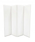 84" White Faux Leather Folding Four Panel Screen Room Divider on a white background