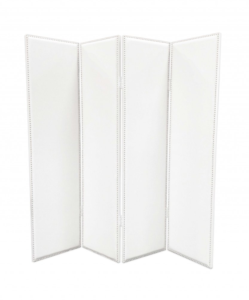 84" White Faux Leather Folding Four Panel Screen Room Divider on a white background