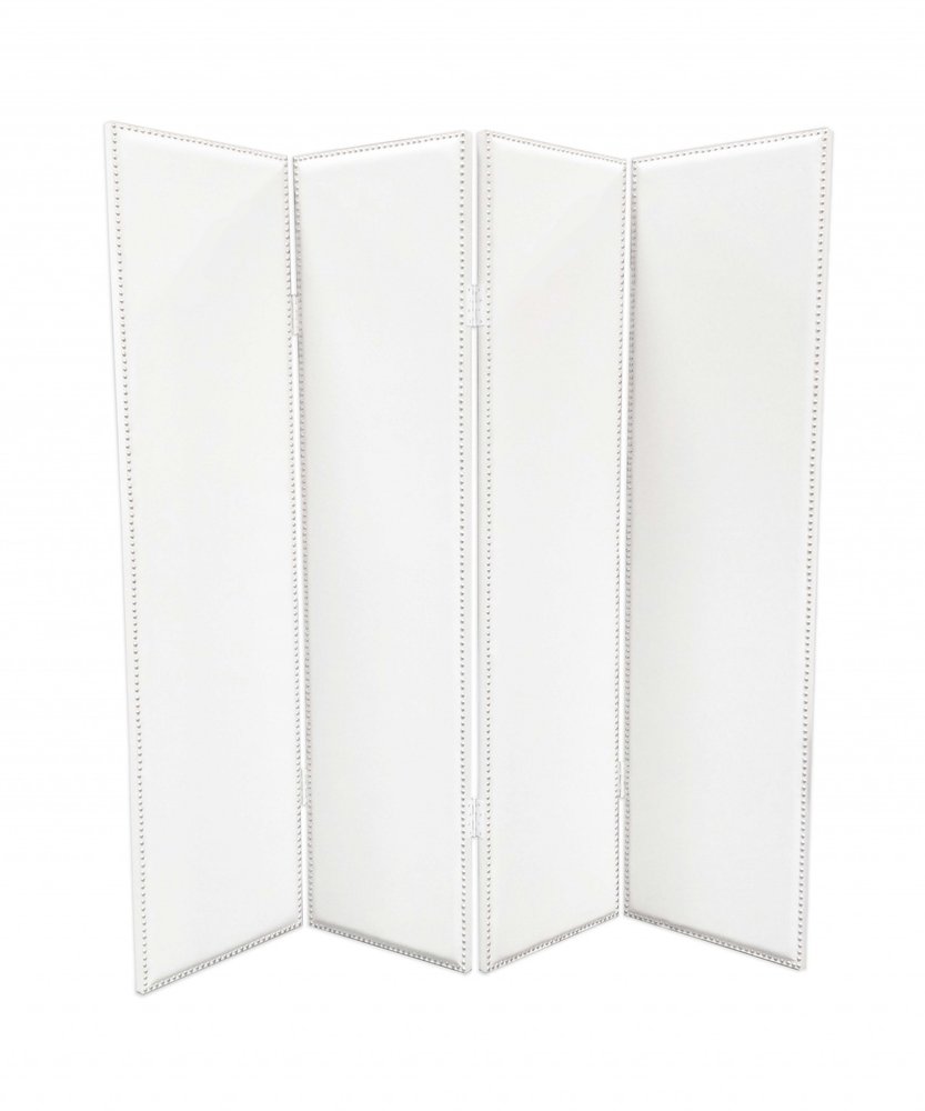 84" White Faux Leather Folding Four Panel Screen Room Divider on a white background