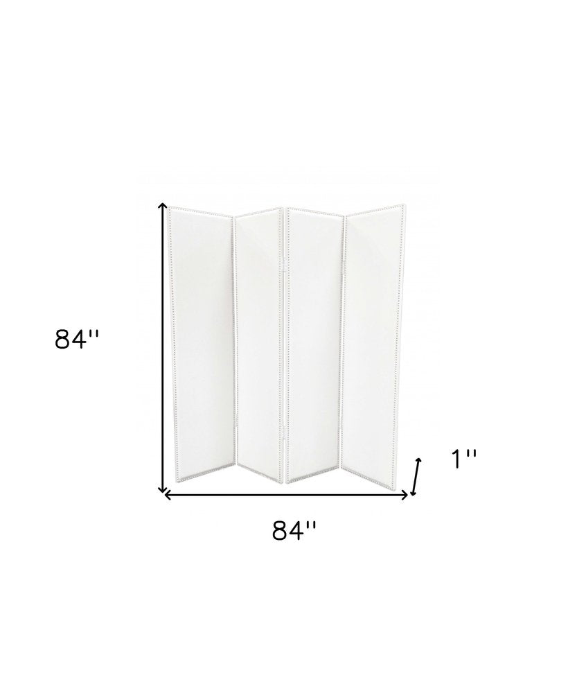 84" White Faux Leather Folding Four Panel Screen Room Divider on a white background