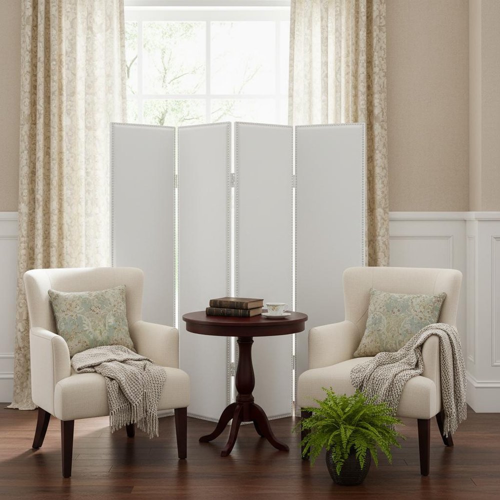 84" White Faux Leather Folding Four Panel Screen Room Divider in a home interior