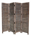 84" Brown Wood Folding Four Panel Screen Room Divider - with Four Distinct Panels on a white background