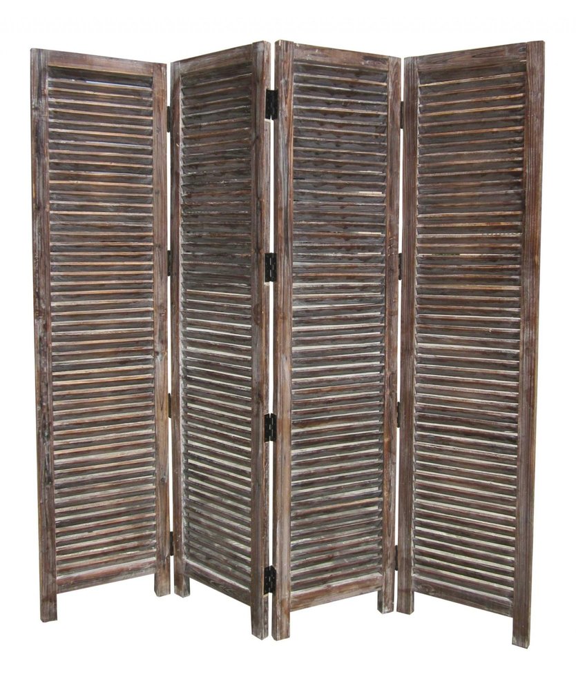 84" Brown Wood Folding Four Panel Screen Room Divider - with Four Distinct Panels on a white background