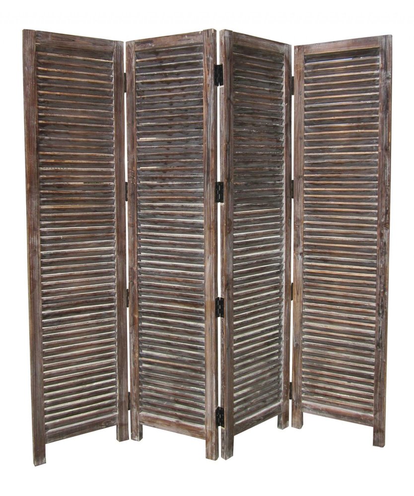 84" Brown Wood Folding Four Panel Screen Room Divider - with Four Distinct Panels on a white background