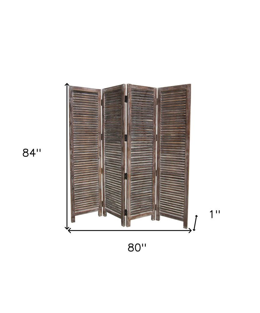 84" Brown Wood Folding Four Panel Screen Room Divider - with Four Distinct Panels on a white background