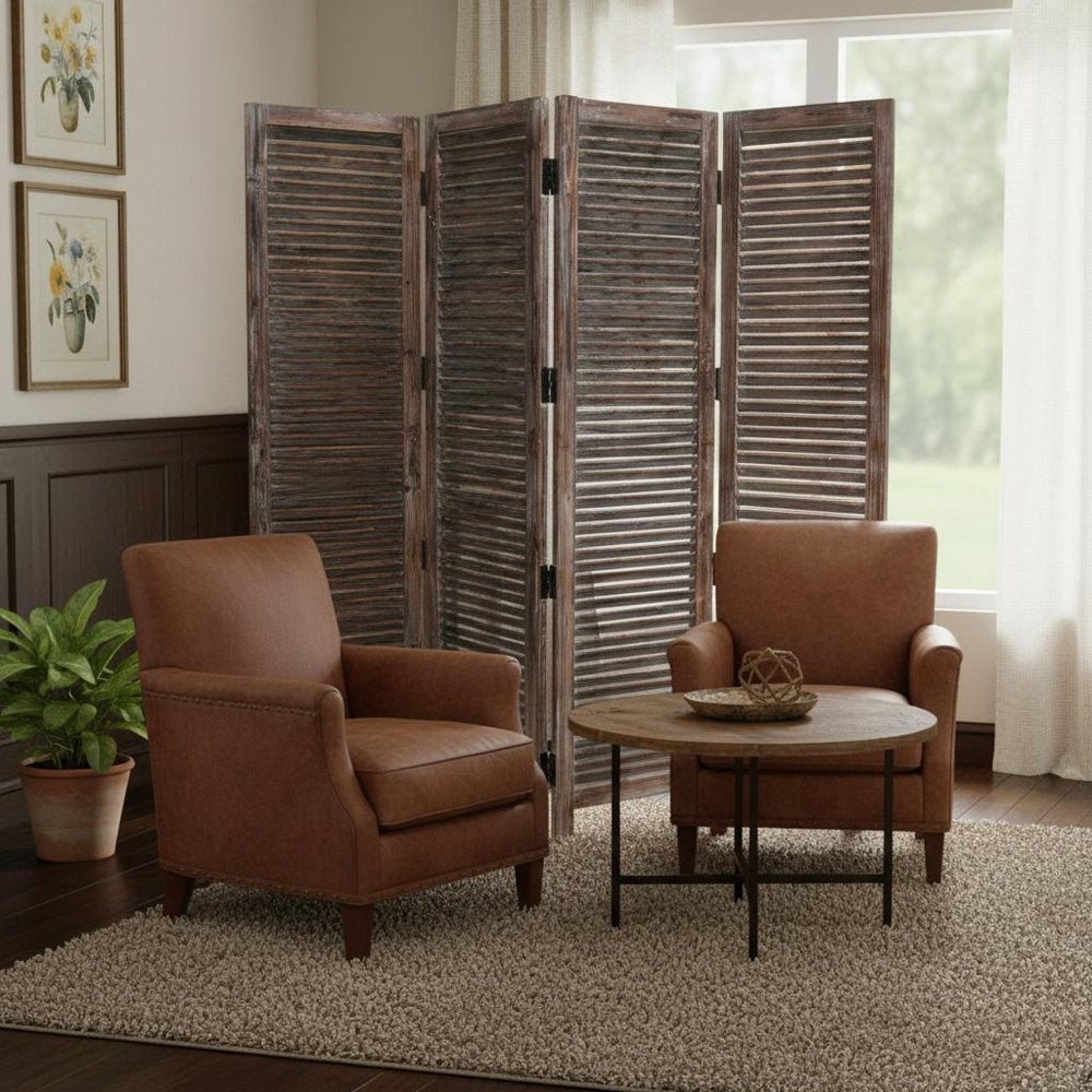 84" Brown Wood Folding Four Panel Screen Room Divider - with Four Distinct Panels in a home interior