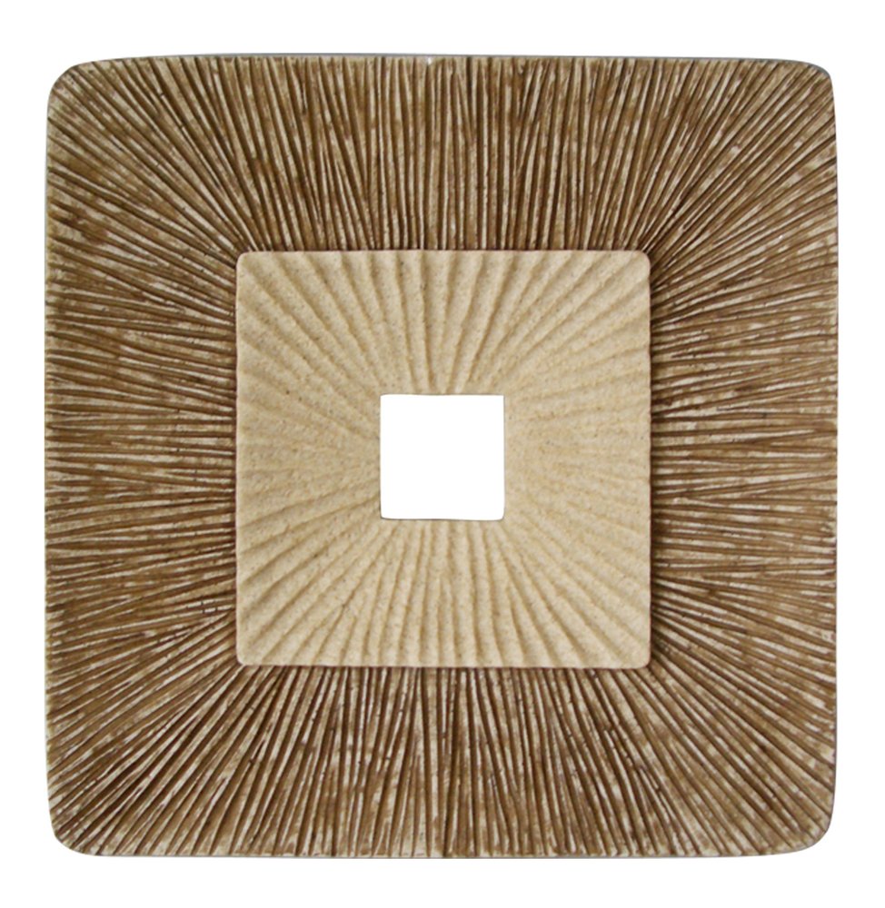 Brown abstract geometric sandstone wall decor with a textured, sunburst pattern and a central square opening.