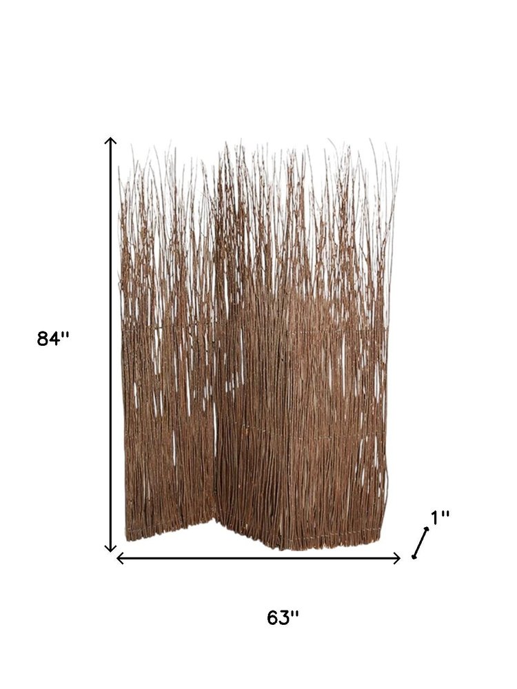 84" Brown Wood Folding Three Panel Screen Room Divider on a white background