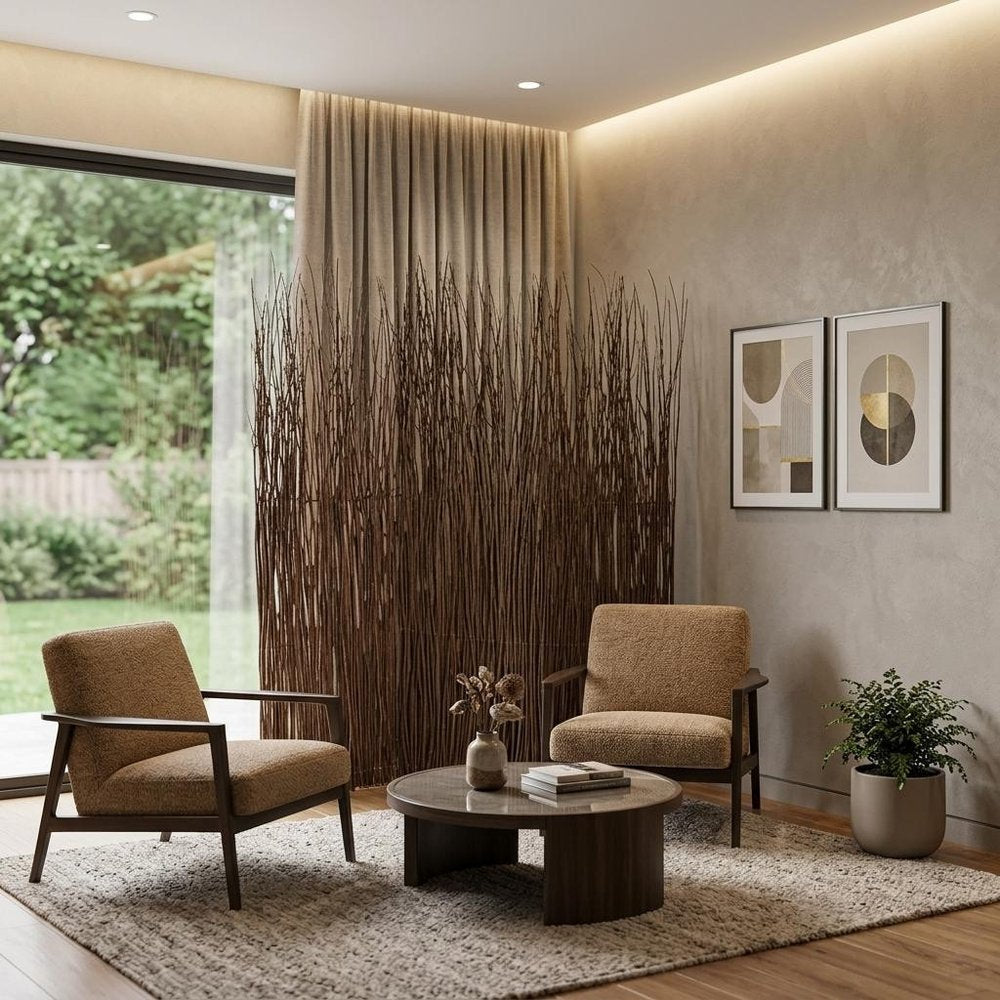 84" Brown Wood Folding Three Panel Screen Room Divider in a home interior