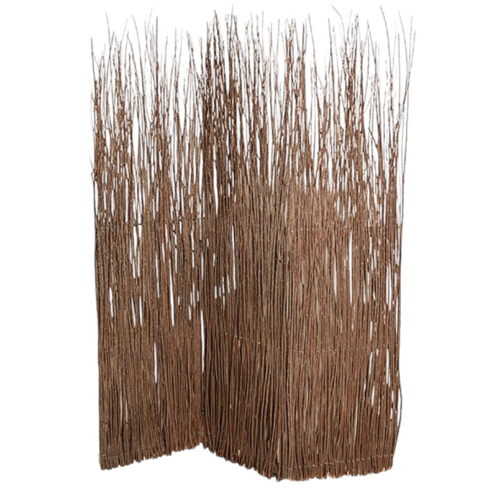 84" Brown Wood Folding Three Panel Screen Room Divider on a white background