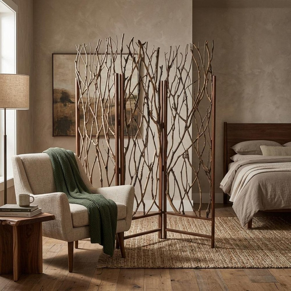 70" Brown Wood Branches Folding Three Panel Screen Room Divider