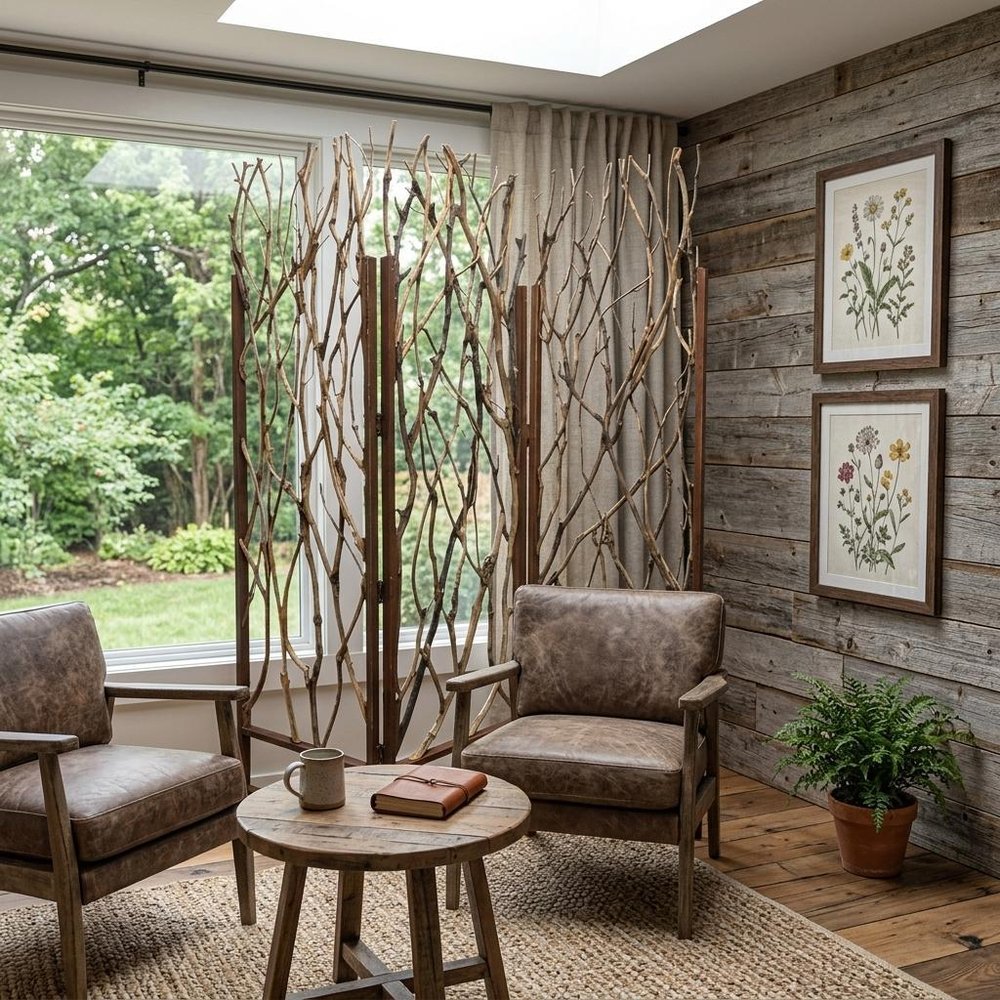 70" Brown Wood Branches Folding Three Panel Screen Room Divider