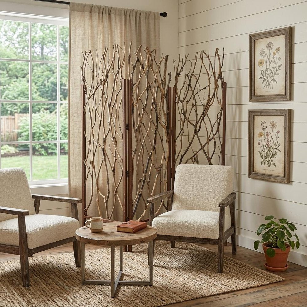 70" Brown Wood Branches Folding Three Panel Screen Room Divider