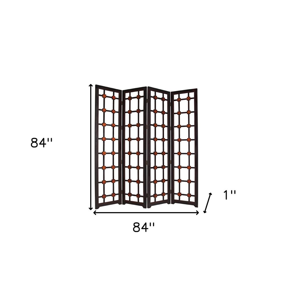 84" Brown Folding Four Panel Screen Room Divider on a white background