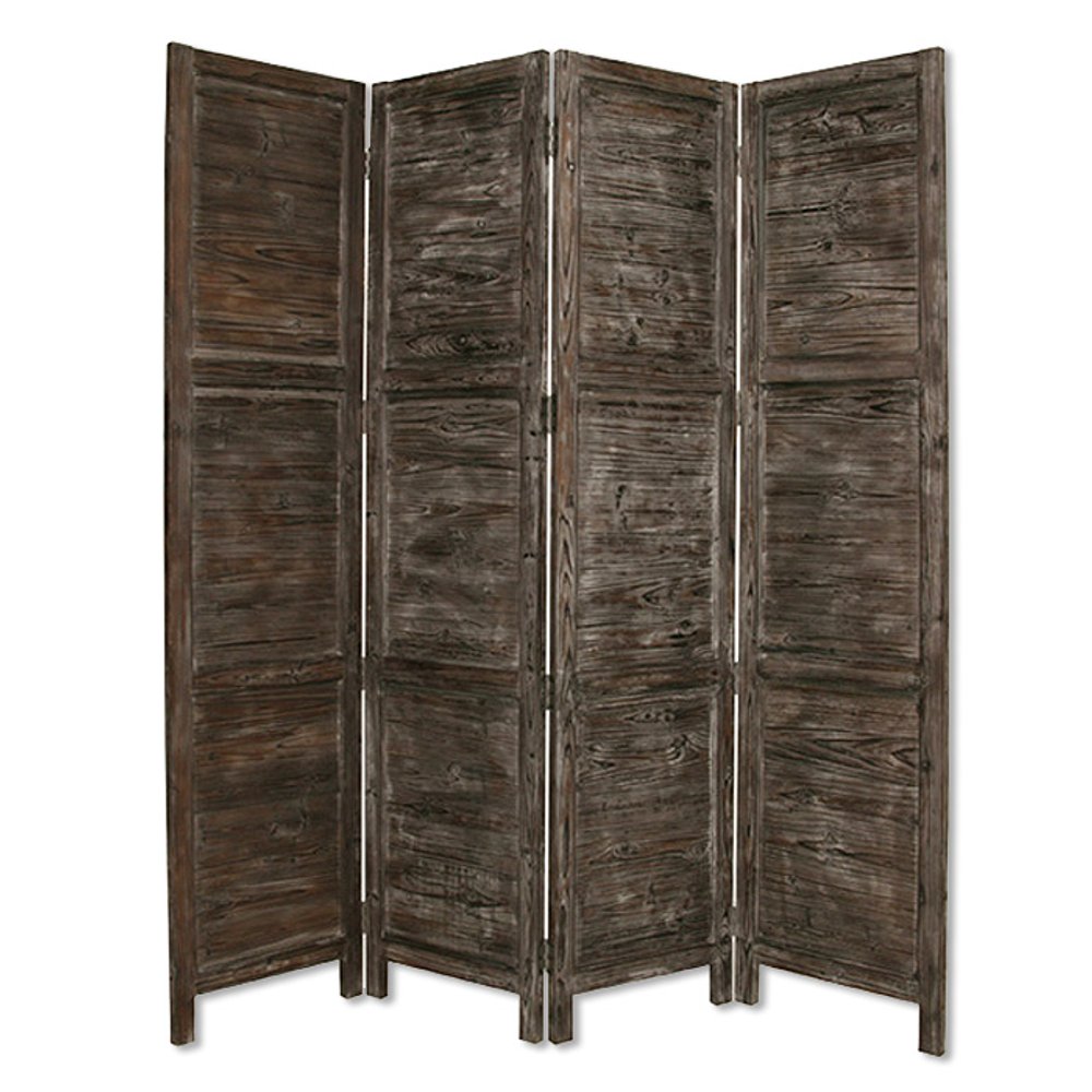 84" Black Wood Folding Four Panel Screen Room Divider on a white background