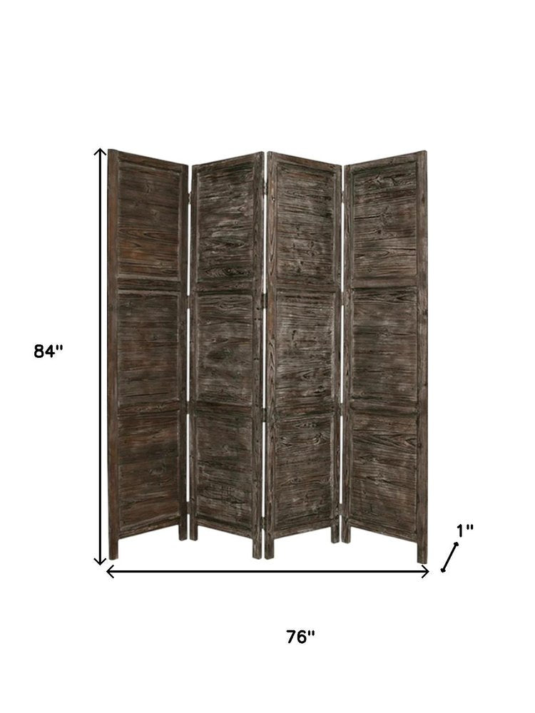 84" Black Wood Folding Four Panel Screen Room Divider on a white background