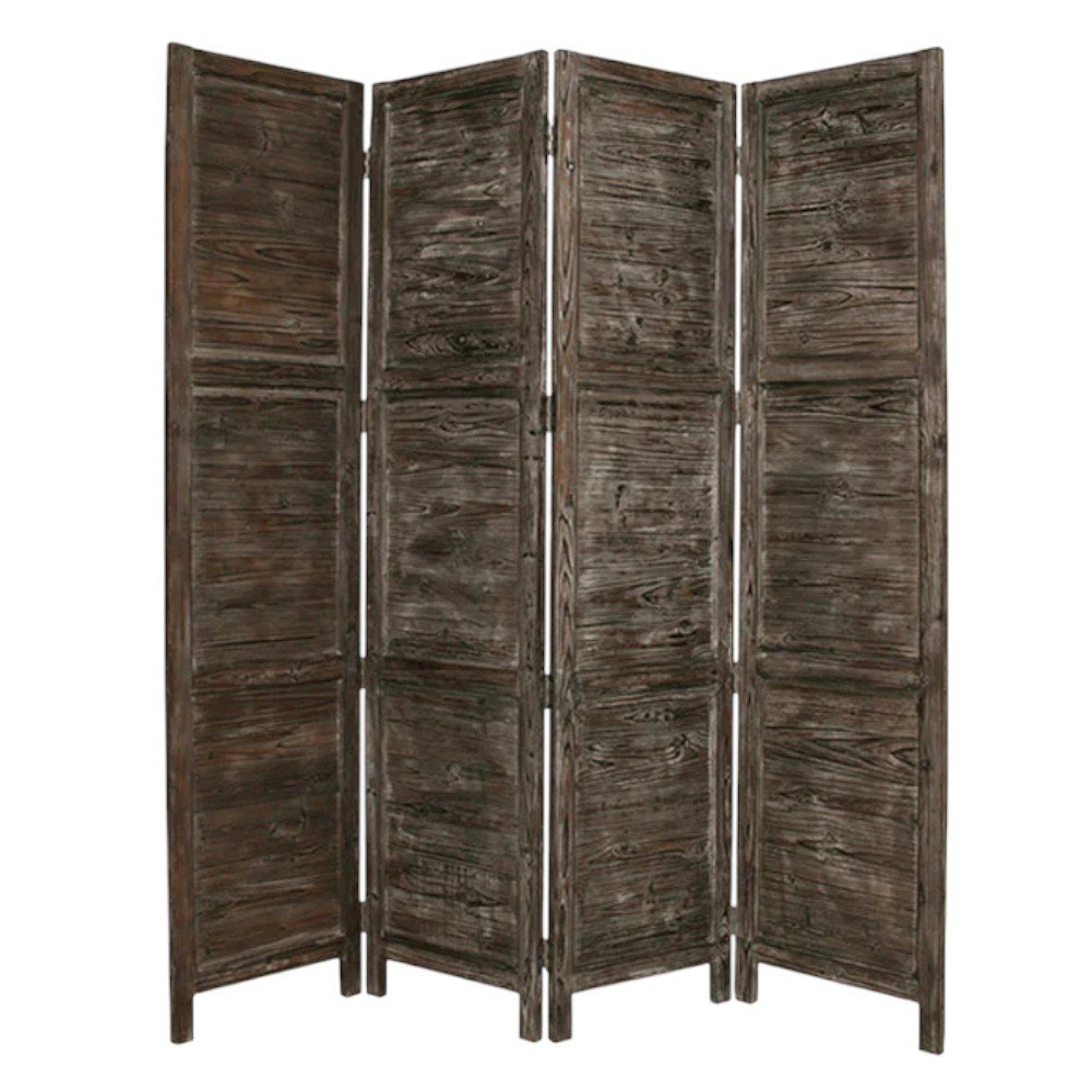 84" Black Wood Folding Four Panel Screen Room Divider on a white background