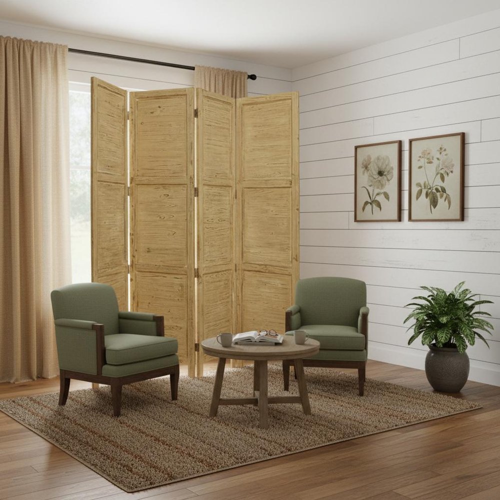 84" Black Wood Folding Four Panel Screen Room Divider