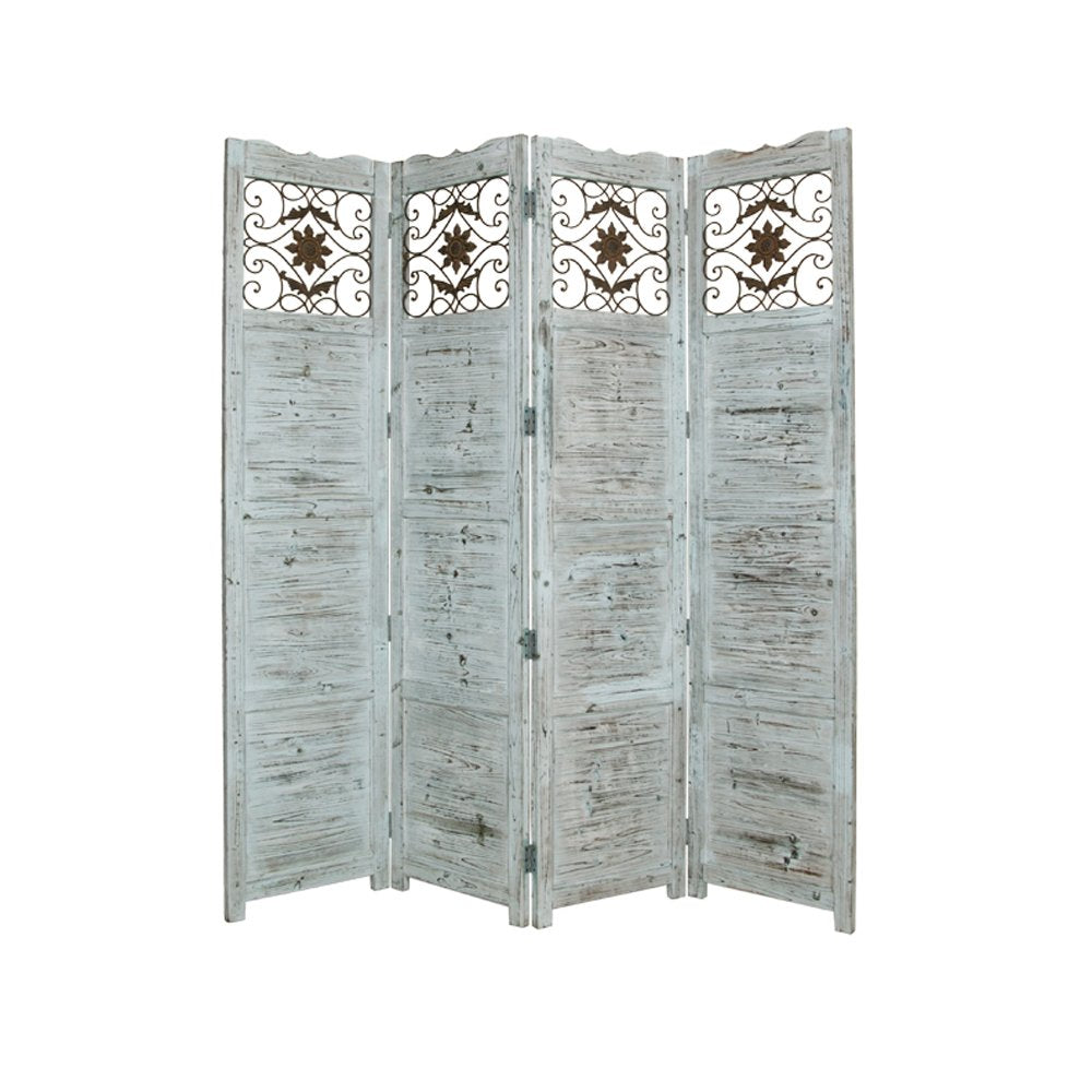 84" Blue Wood Folding Four Panel Screen Room Divider on a white background