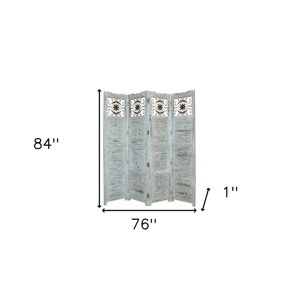 84" Blue Wood Folding Four Panel Screen Room Divider on a white background