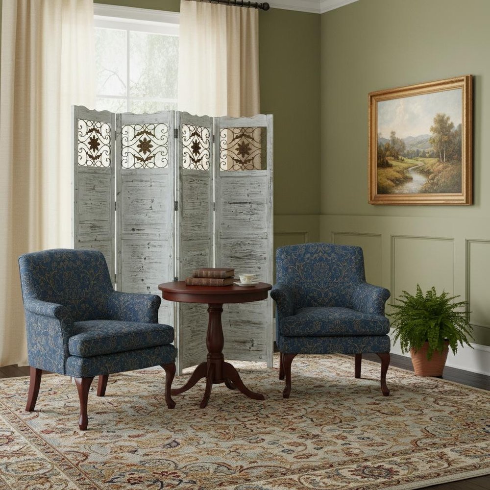 84" Blue Wood Folding Four Panel Screen Room Divider in a home interior