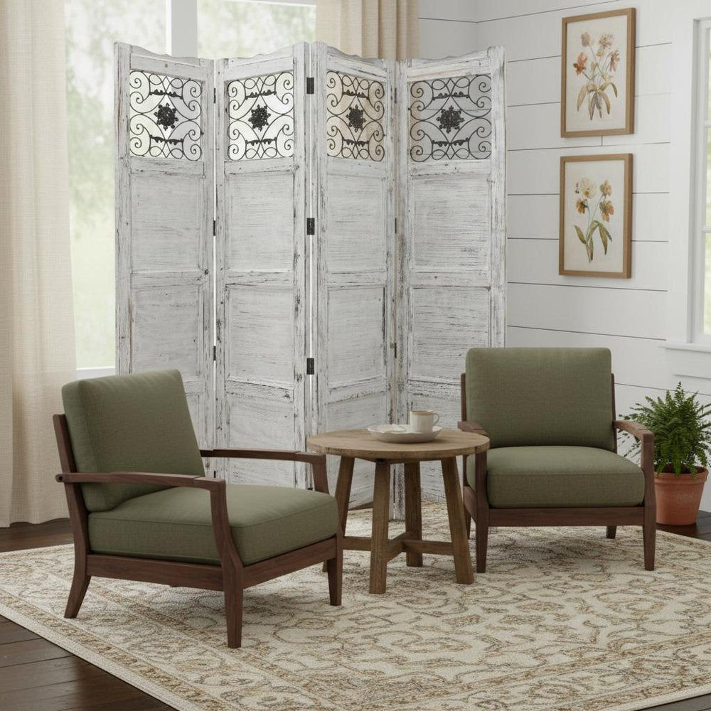 84" Blue Wood Folding Four Panel Screen Room Divider in a home interior