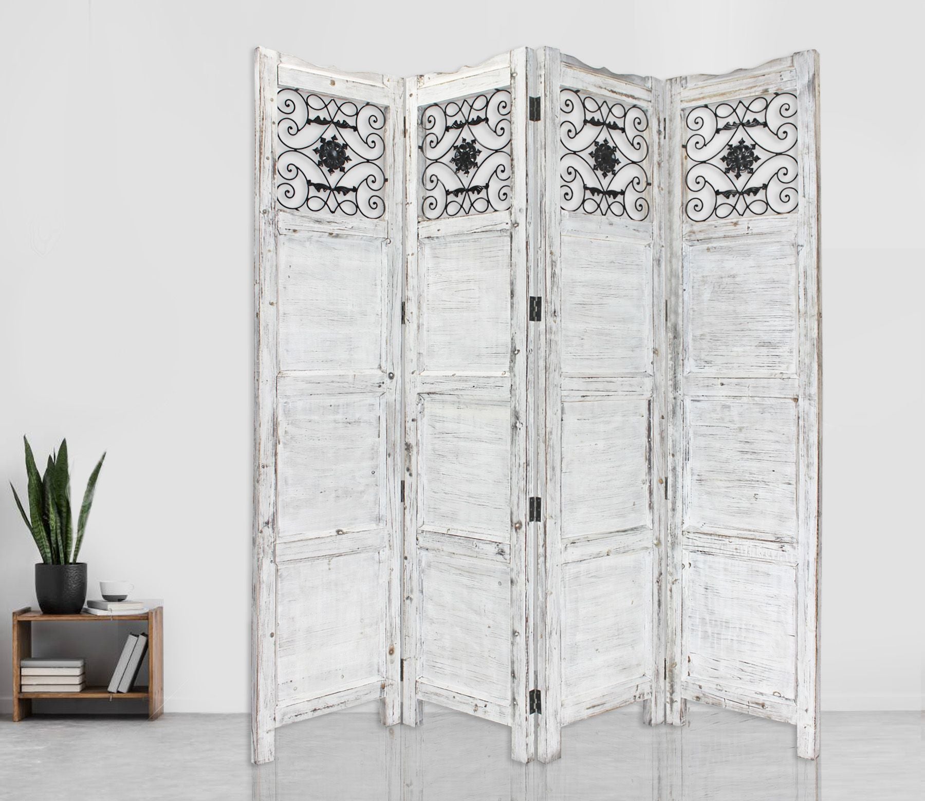 84" Blue Wood Folding Four Panel Screen Room Divider