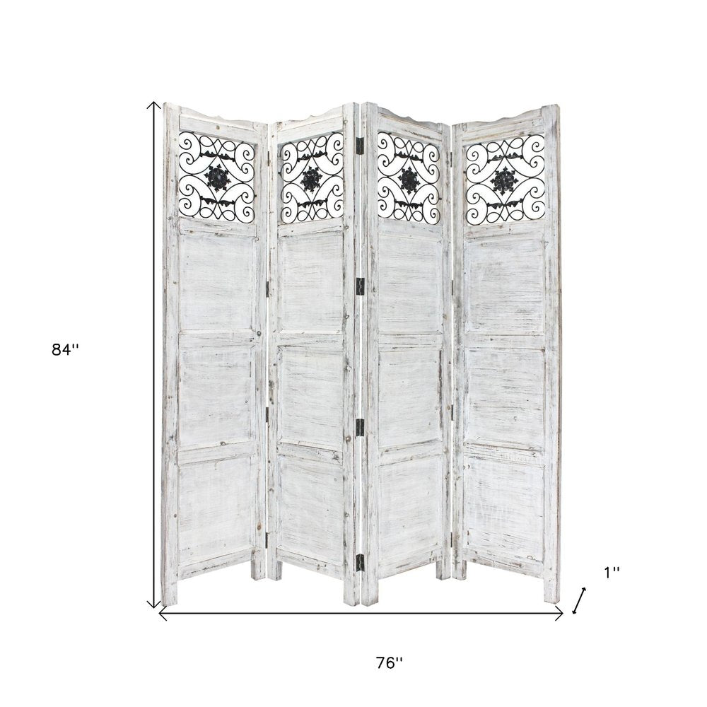 84" Blue Wood Folding Four Panel Screen Room Divider on a white background