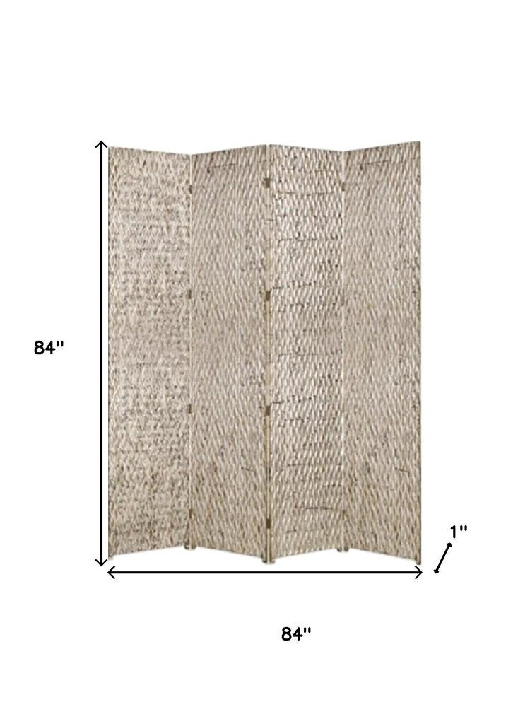 84" Silver Wood Folding Four Panel Screen Room Divider on a white background