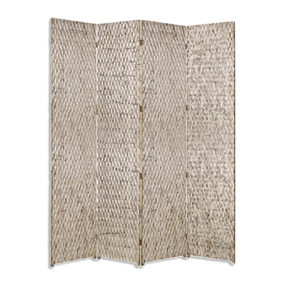 84" Silver Wood Folding Four Panel Screen Room Divider on a white background
