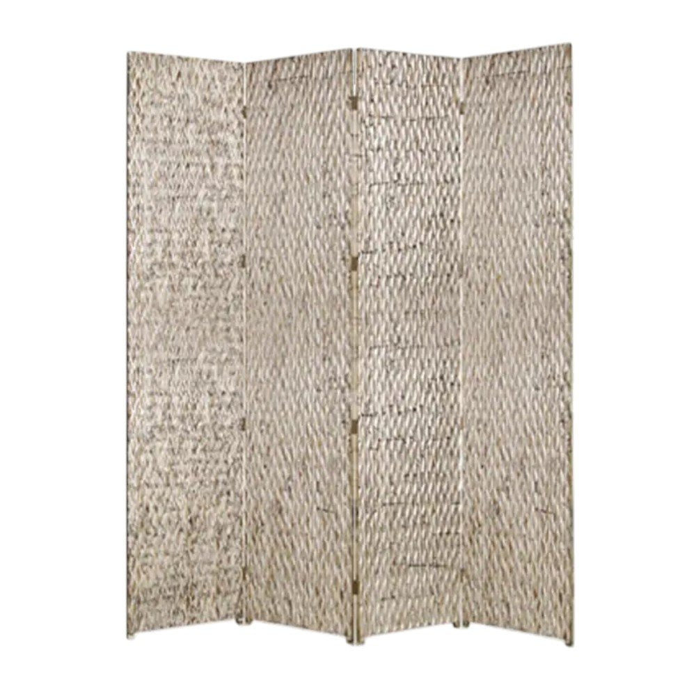 84" Silver Wood Folding Four Panel Screen Room Divider on a white background