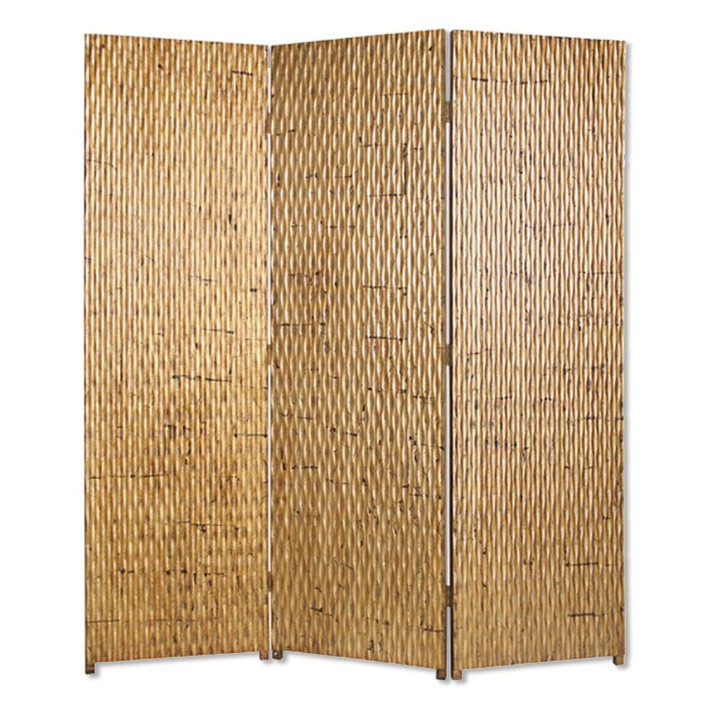 72" Silver Wood Folding Three Panel Screen Room Divider on a white background